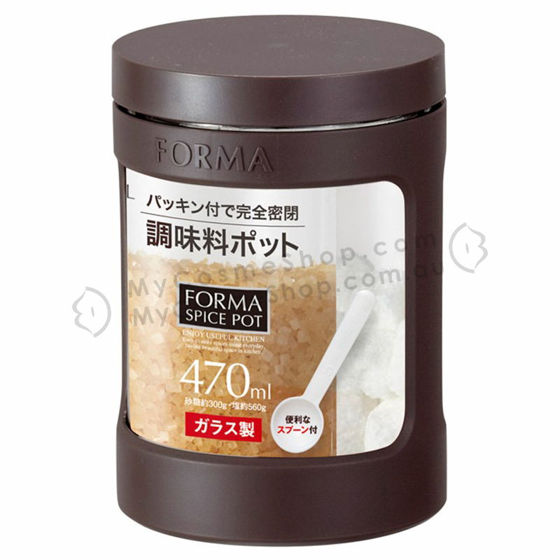 Asvel Forma 日本玻璃调料罐调料盒密封防潮作料盐瓶干货储物罐带勺子咖啡色小号470ml